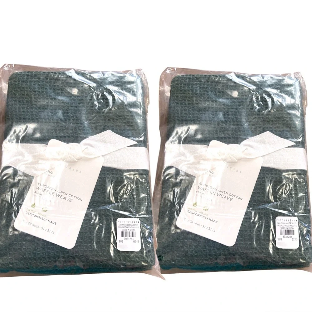 2 Pottery Barn European Linen Cotton WAFFLE WEAVE KING Shams - Pine
